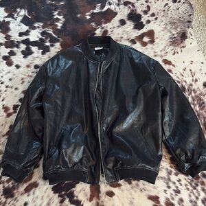 Faux Black Leather Bomber Jacket